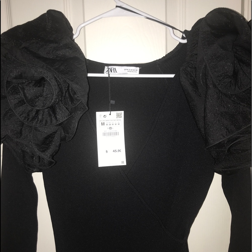 ZARA Limited Edition Black Dramatic Tulle Sleeve Floral Wrap Sweater Top - Picture 1 of 7